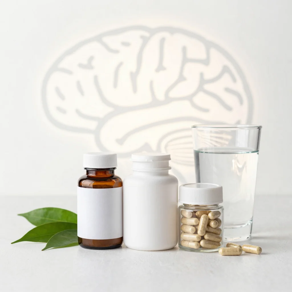 Tres suplementos naturales sobre una mesa para apoyar la claridad mental y el enfoque diario.