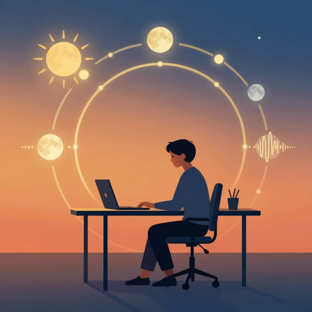 Ilustración de cronotipos con ciclos de luz y energía para mostrar horas pico de rendimiento
