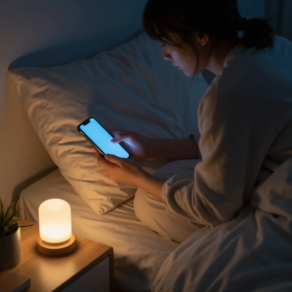 Persona con gafas bloqueadoras de luz azul en un dormitorio cálido antes de dormir