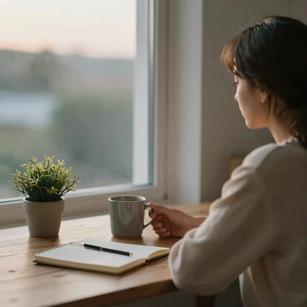 Persona relajada al atardecer en un espacio ordenado que evoca minimalismo mental