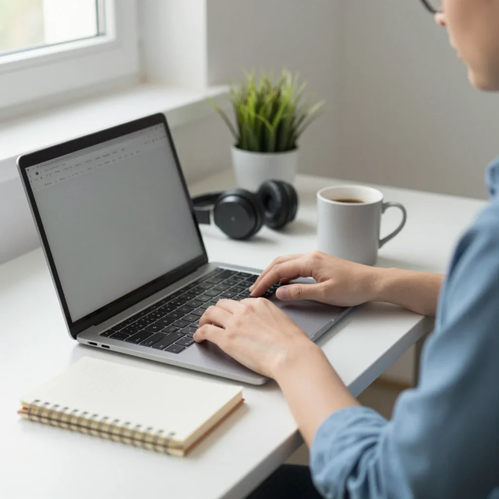 Persona concentrada aplicando la regla 90 minutos para abordar tareas complejas en un escritorio ordenado