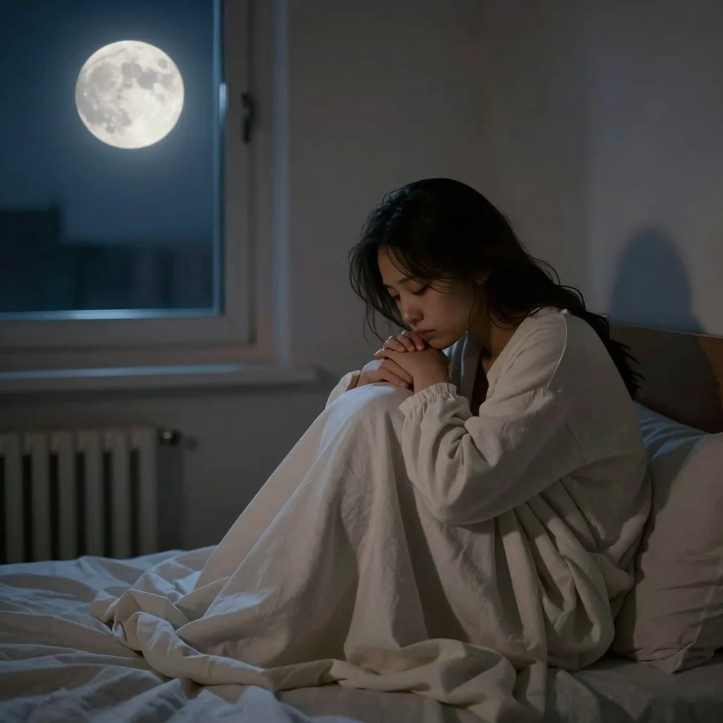Persona despierta a las 3 AM intentando calmar una mente acelerada en una habitación tranquila