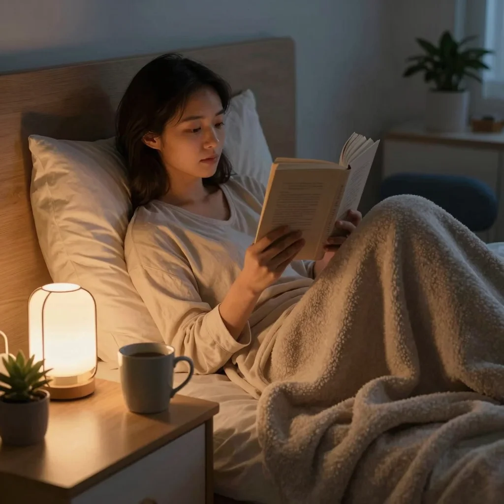 Actividad tranquila antes de dormir con lectura, luz cálida y ambiente relajante en un dormitorio acogedor.