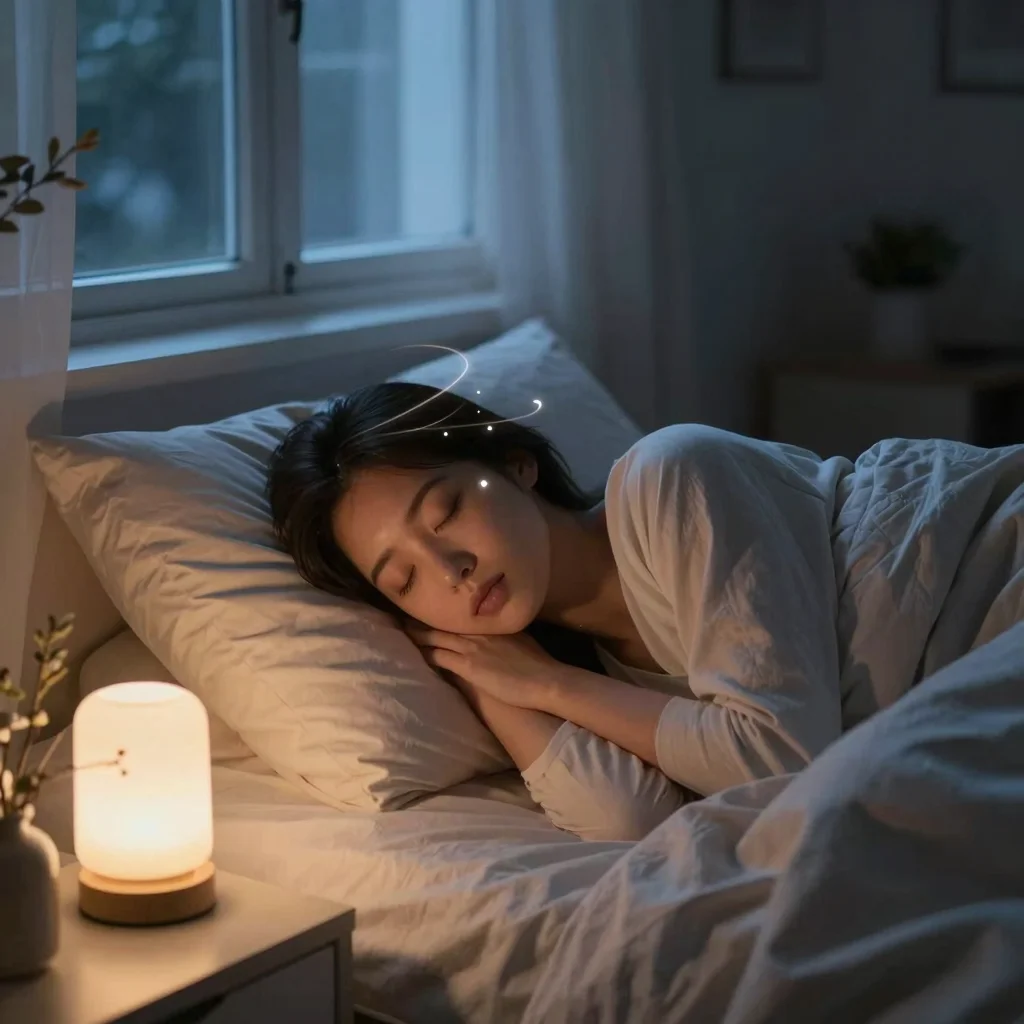 Persona relajada en una cama con luz de luna, evocando afirmaciones nocturnas para descansar mejor