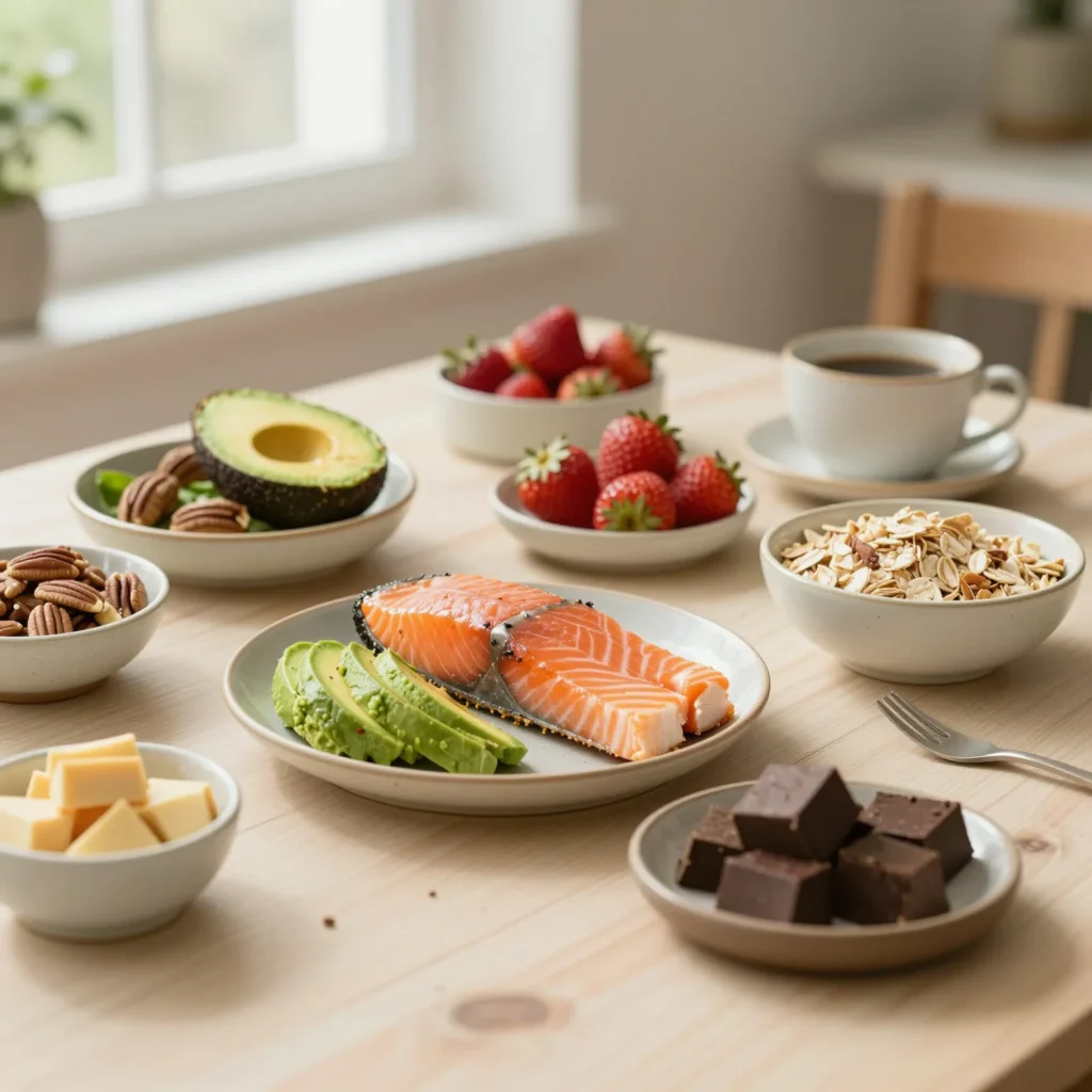 Alimentos para bajar el estrés en una mesa saludable con salmón, aguacate, nueces y té
