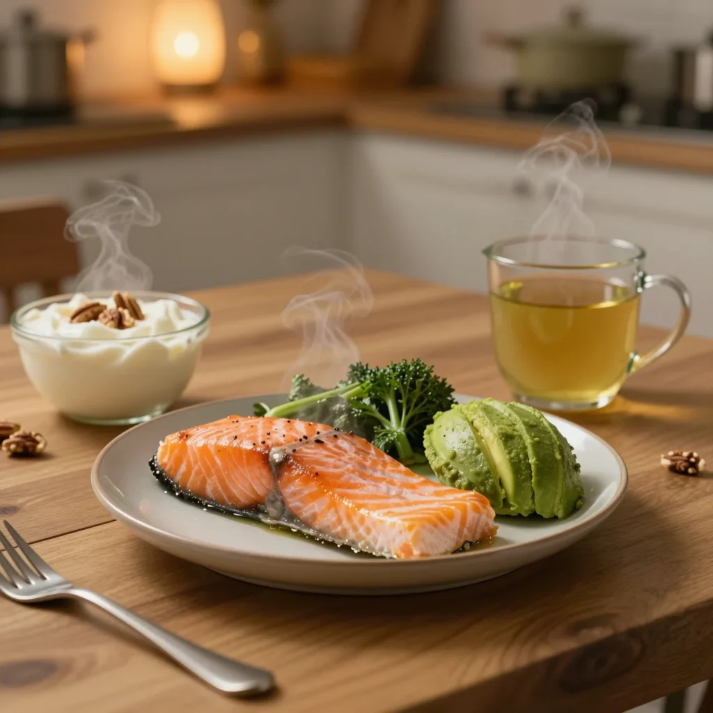 Alimentos para cenar que ayudan a descansar mejor, con plato saludable e infusión relajante