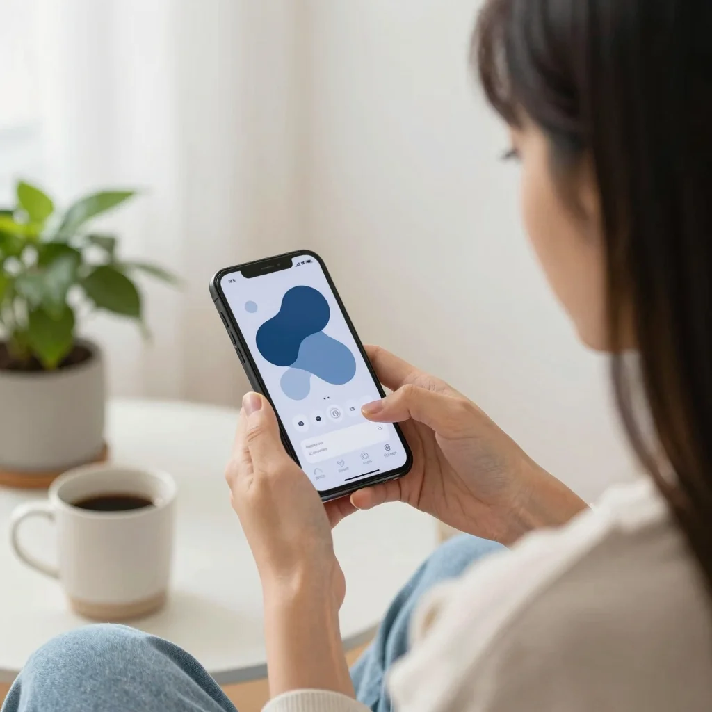 Persona usando apps para reducir ansiedad en un ambiente tranquilo y luminoso.