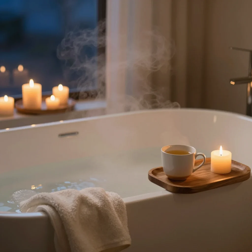Baño caliente con vapor y velas para relajar el cuerpo y dormir mejor por la noche