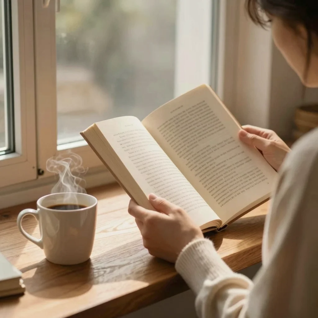 Persona leyendo un libro al amanecer, mostrando los beneficios de leer en la mañana con calma y concentración.