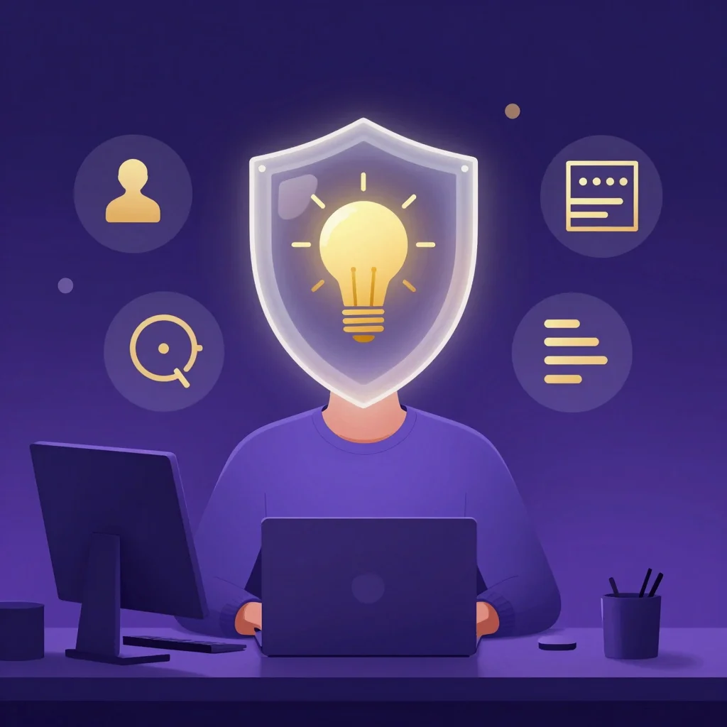 Persona concentrada con un escudo luminoso que bloquea distracciones digitales y ruido visual