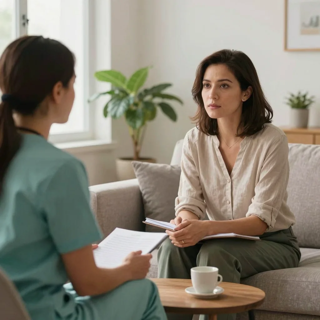 Persona buscando ayuda profesional en una consulta tranquila con una terapeuta.