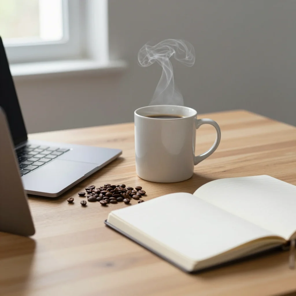 Café sin bajones junto a un portátil en un ambiente de concentración y energía estable.