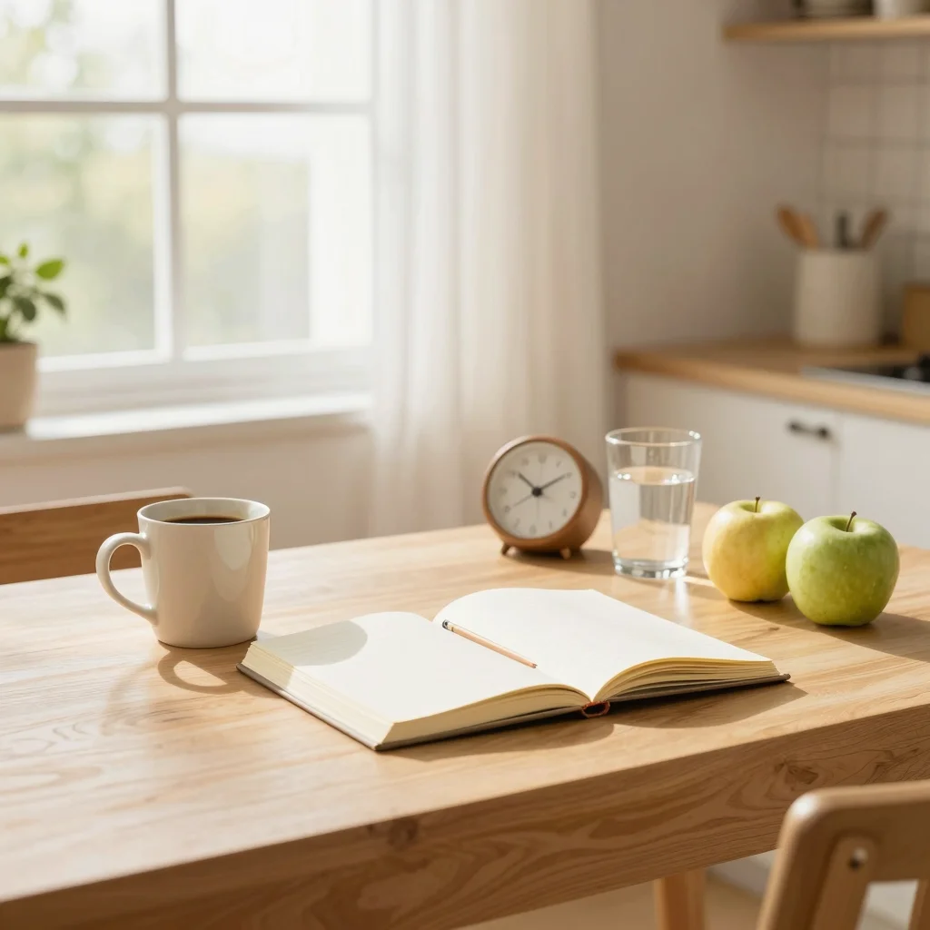 Checklist para empezar la mañana con café, libreta y hábitos saludables en una mesa luminosa