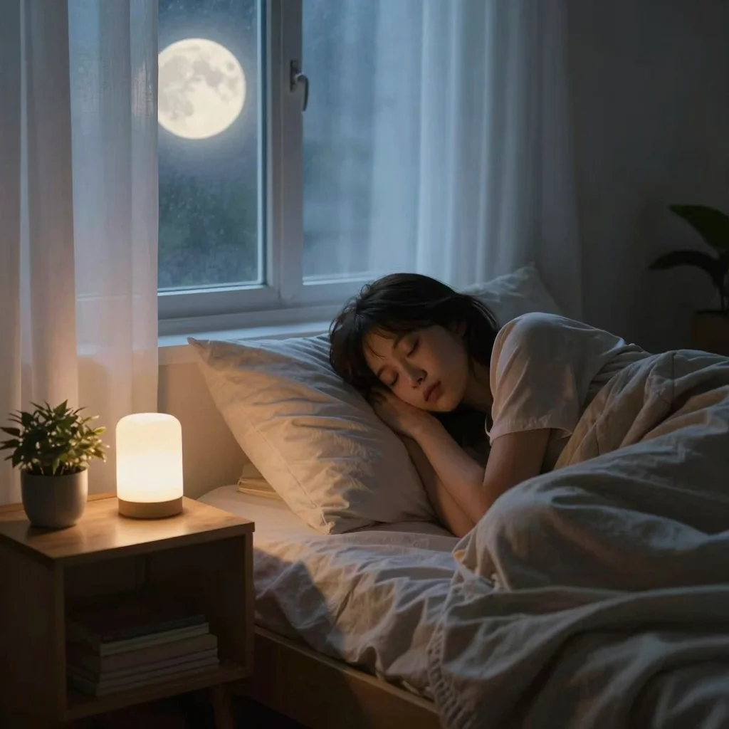 Persona relajándose en la cama para evitar estrés al acostarme en un dormitorio tranquilo