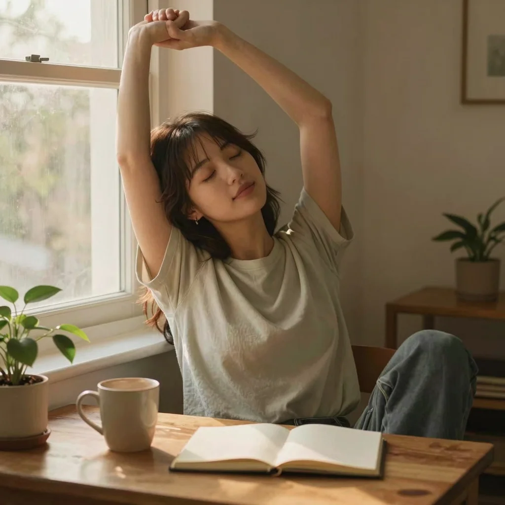 Persona iniciando una rutina tranquila para motivarme al amanecer con luz cálida en casa