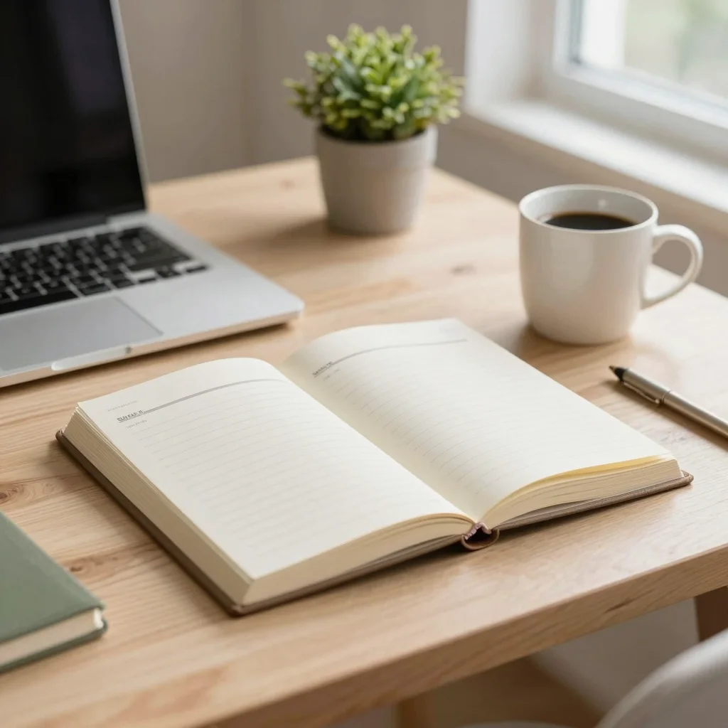 Escritorio tranquilo para planificar tu semana en domingo con agenda, café y luz natural.