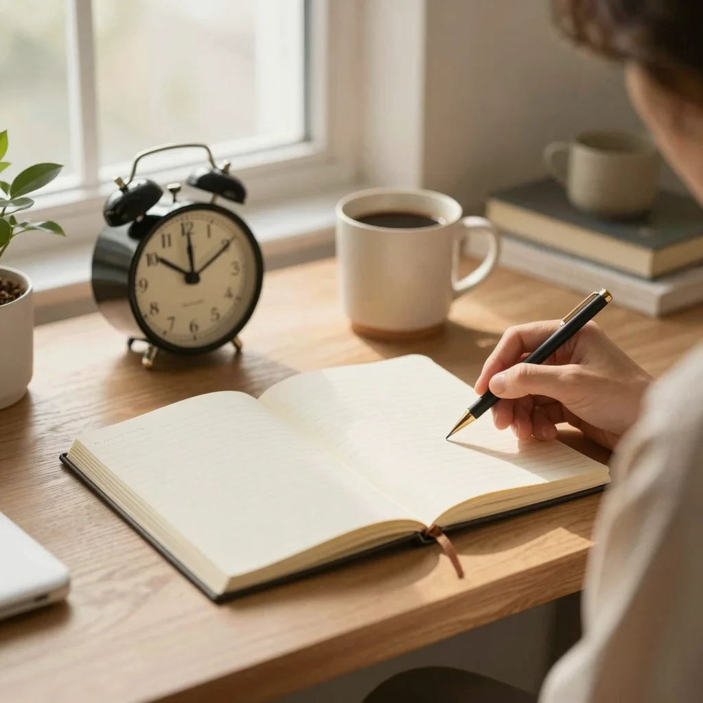 Persona preparando el día desde temprano con café, libreta y luz de amanecer en una mesa ordenada