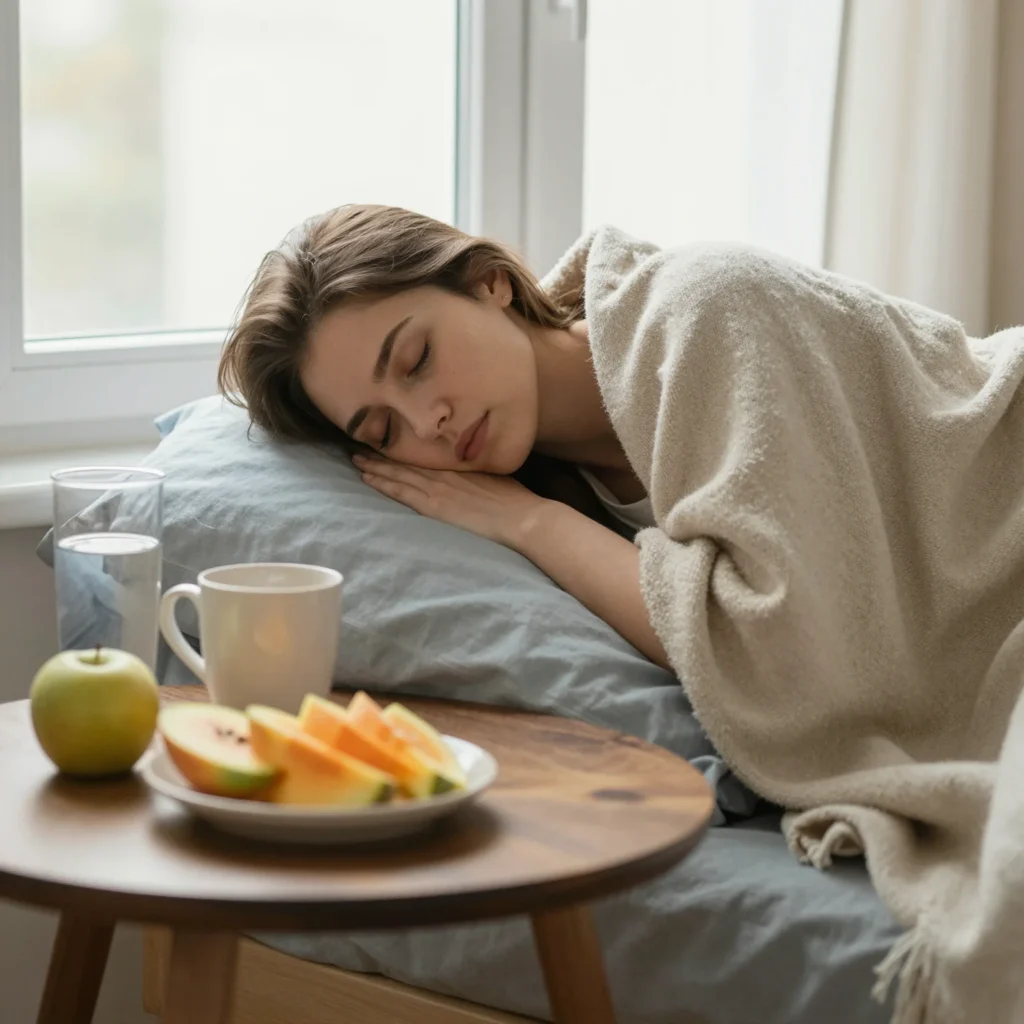 Persona descansando por la mañana tras una mala noche de sueño con hábitos de recuperación saludables