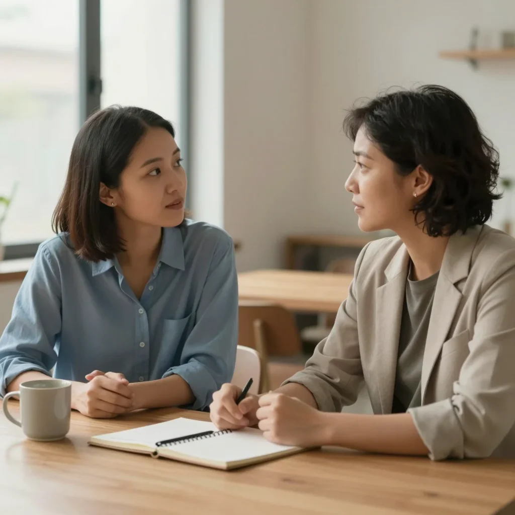 Conversaciones difíciles con escucha activa entre dos profesionales en un entorno tranquilo y colaborativo