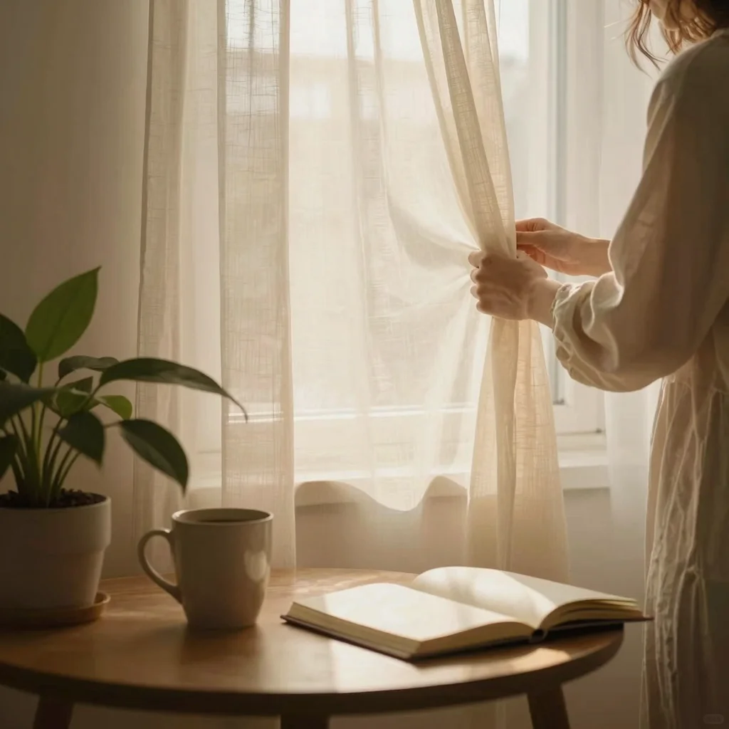 Persona abriendo cortinas al amanecer para crear ambiente positivo en la mañana
