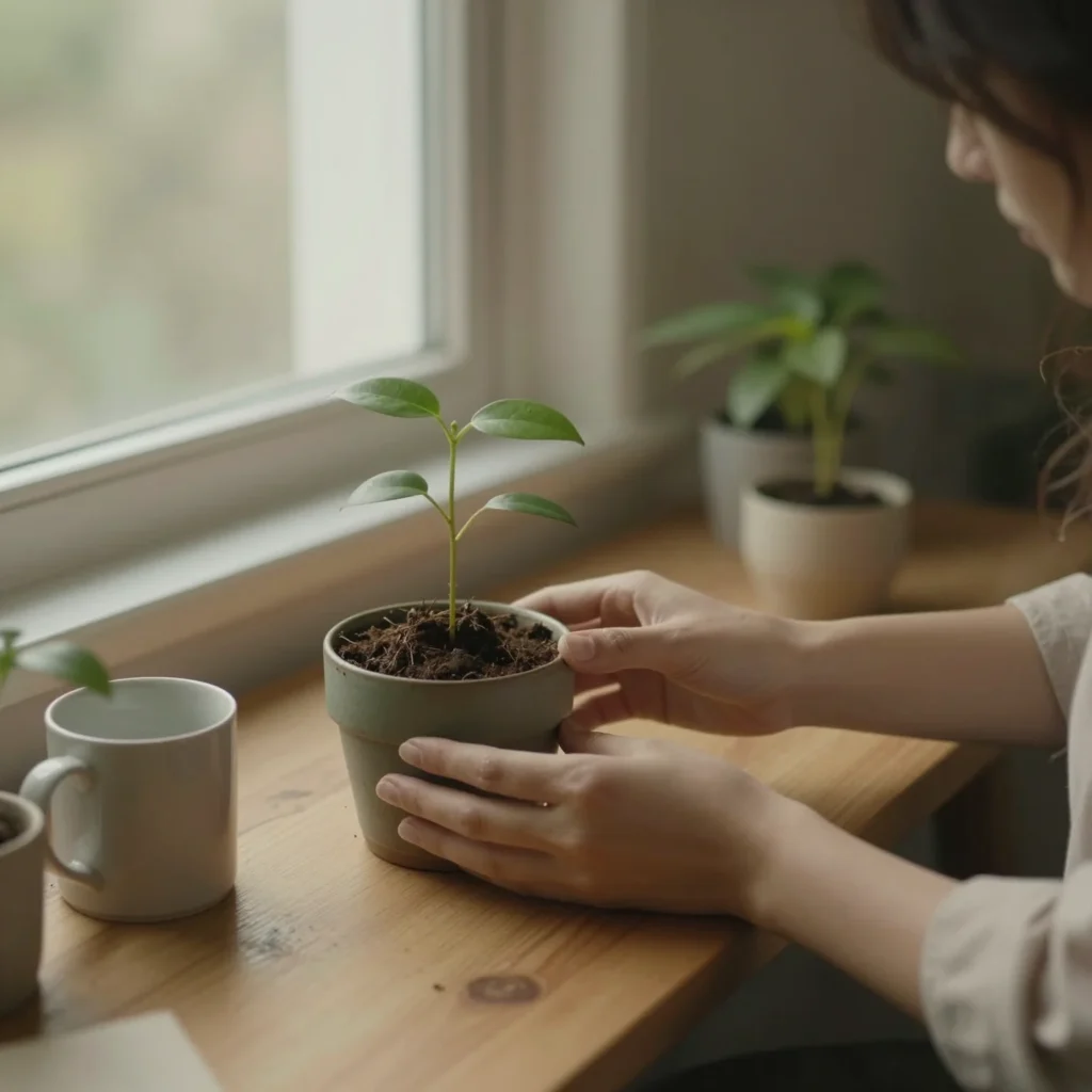 Persona cuidando una planta al amanecer como símbolo de desarrollar paciencia diariamente
