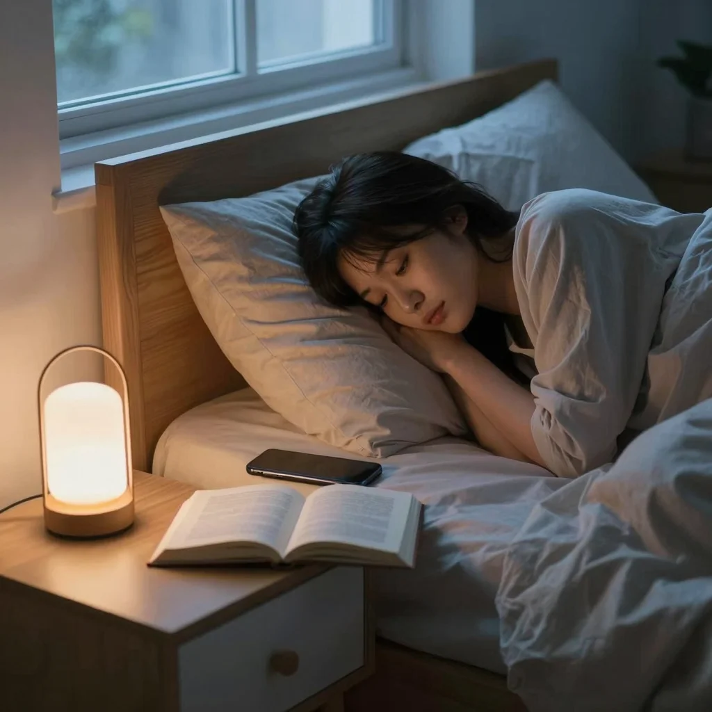Persona desconectando de tecnología por la noche en un dormitorio tranquilo con luz cálida.