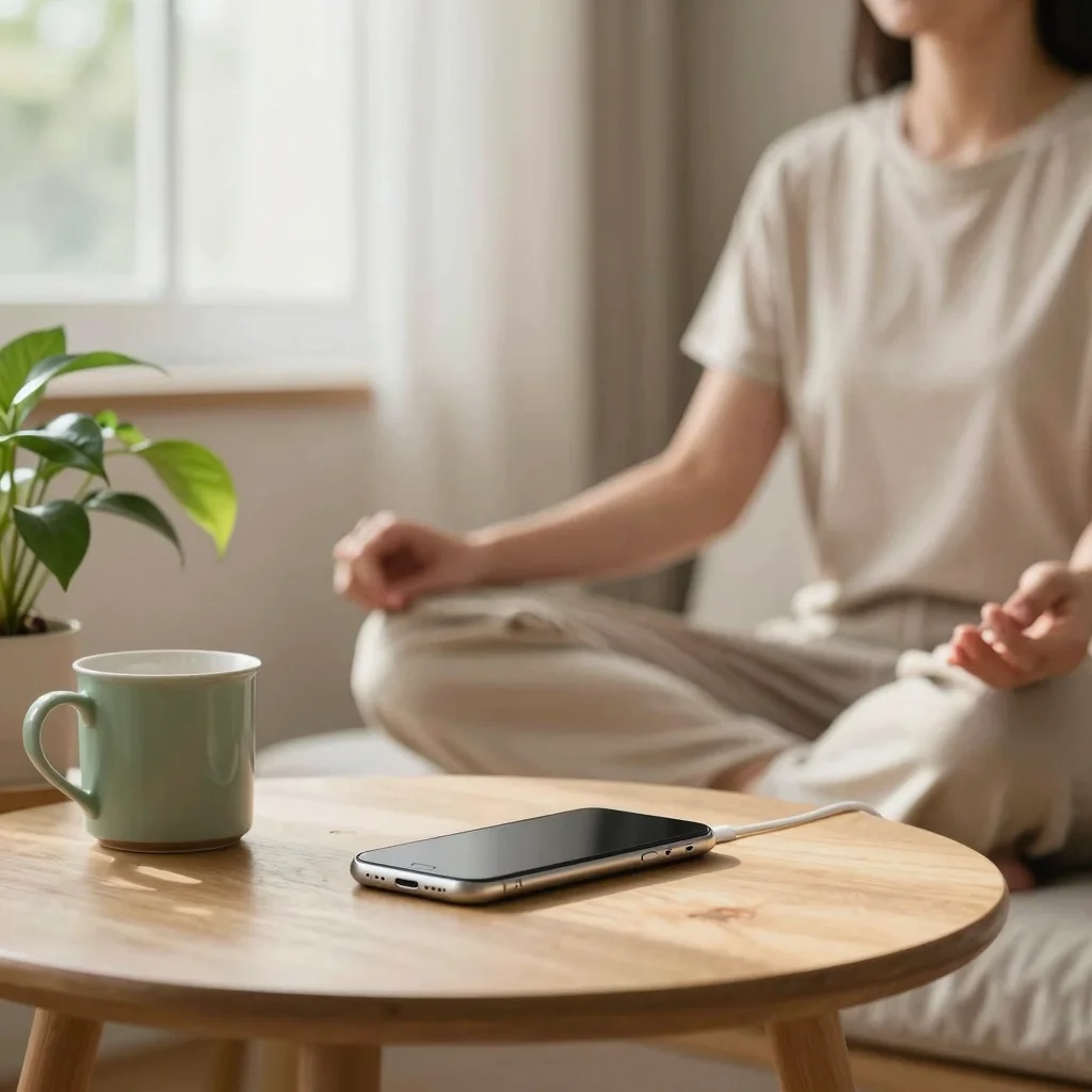 Persona meditando junto a un móvil apagado, símbolo de desintoxicación de dopamina y hábitos digitales saludables