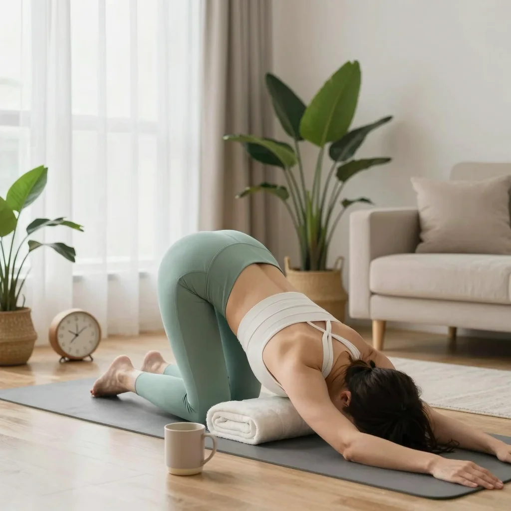Persona haciendo ejercicios para el estrés en una sala tranquila con luz natural y esterilla de yoga