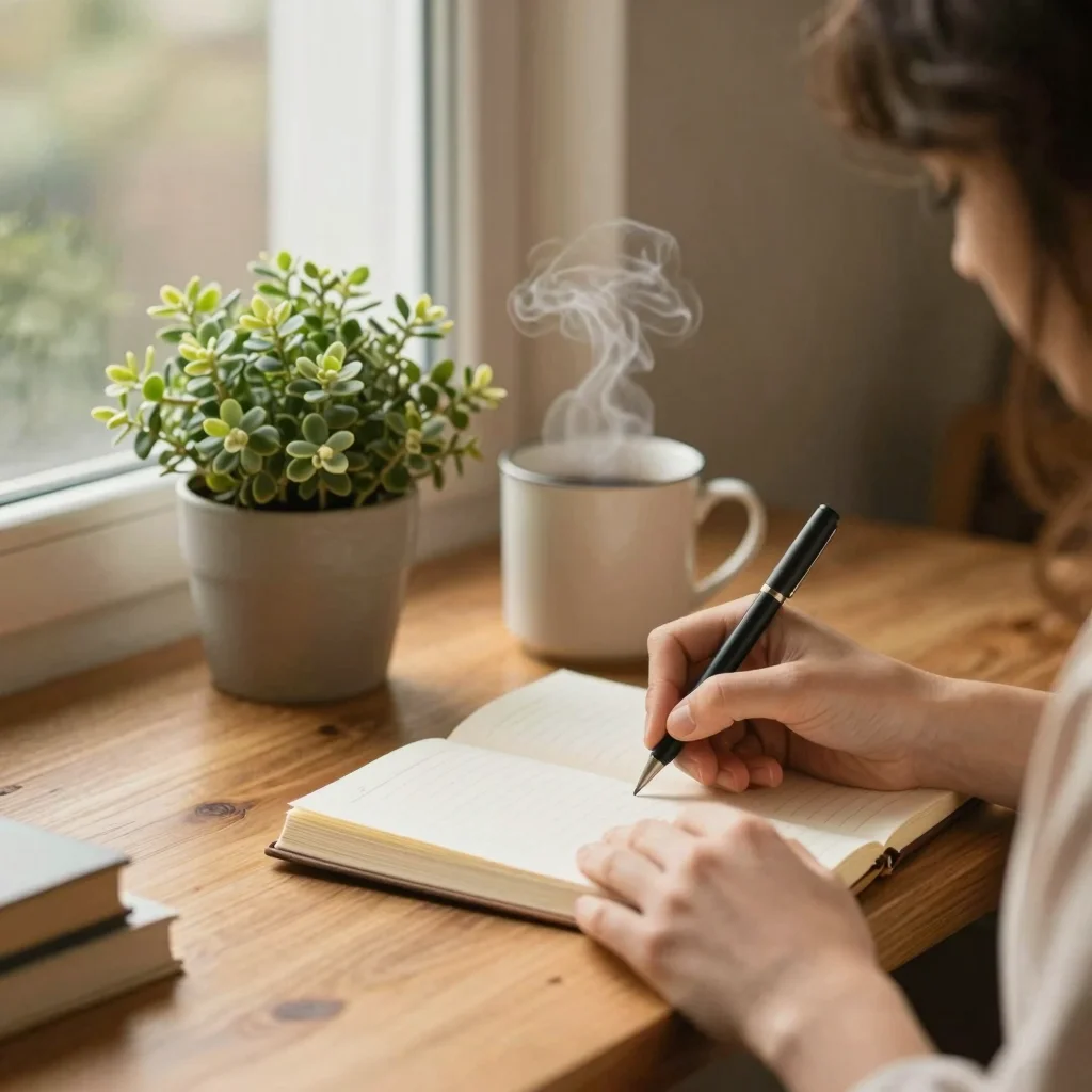 Persona escribiendo un diario de gratitud diaria junto a una ventana iluminada por la mañana.