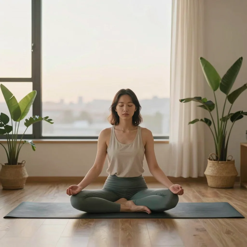 Persona meditando al amanecer junto a una ventana, evocando meditación matutina, foco y calma