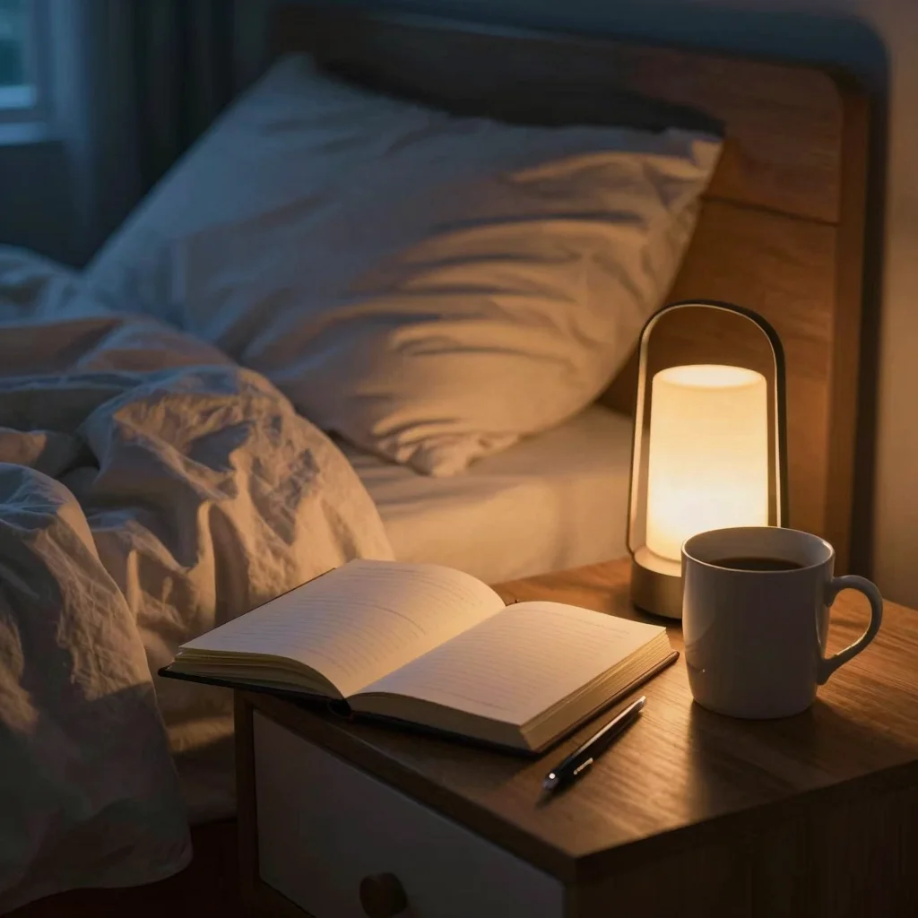 Mujer escribe una lista de gratitud antes de dormir junto a una lámpara cálida