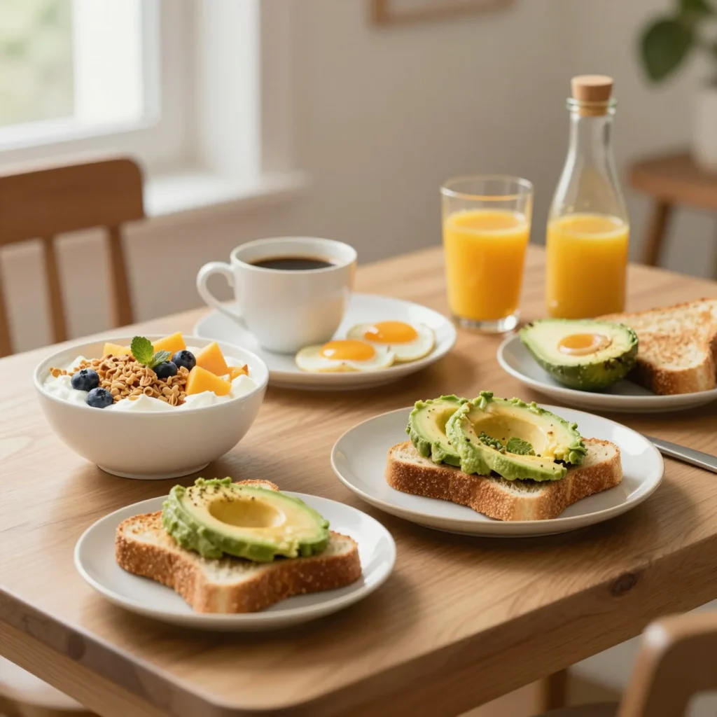 Mejores desayunos para la mañana con frutas, yogur, tostadas, huevos, café y jugo en una mesa luminosa.