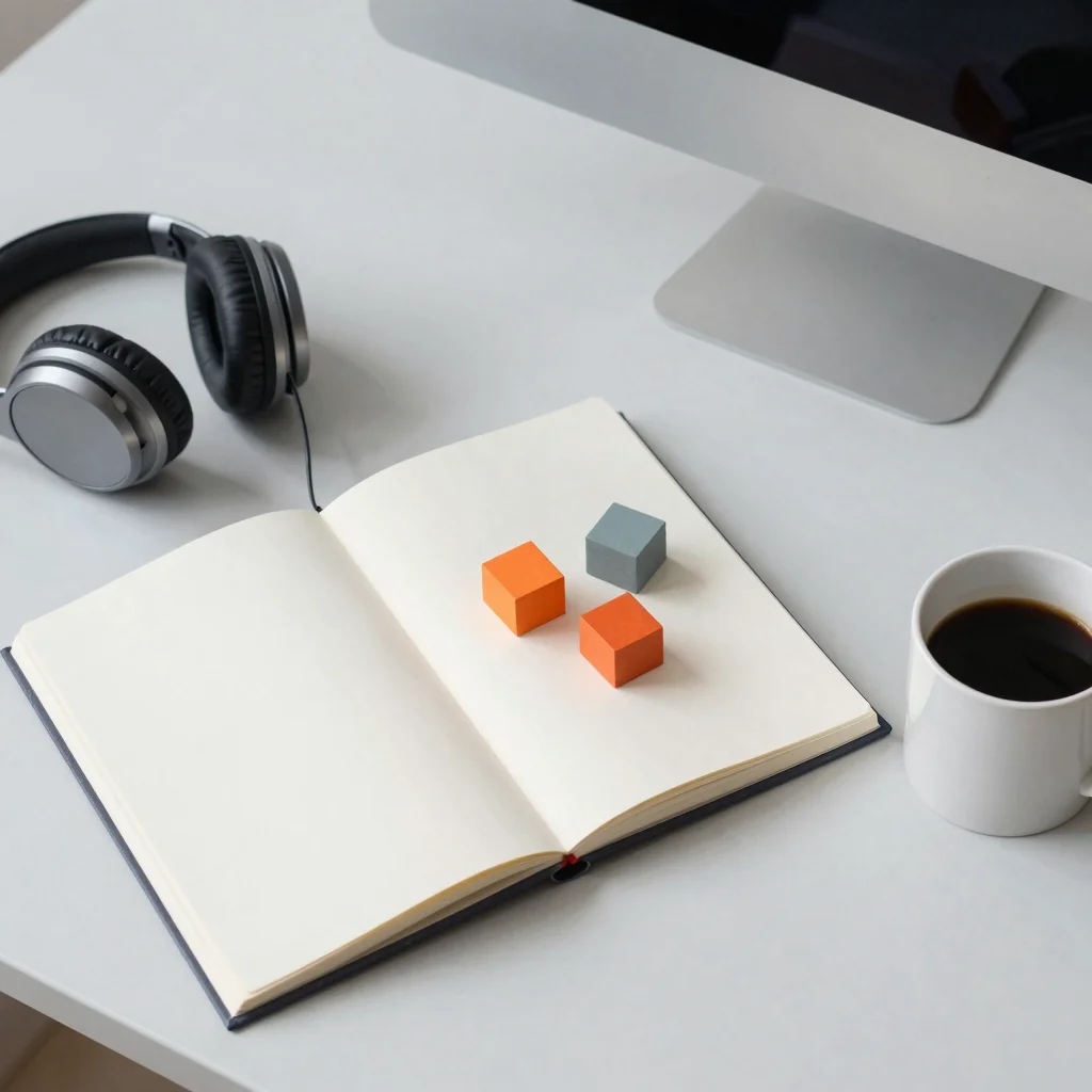 Escritorio minimalista con bloques de tiempo visuales para aplicar el Método 60-30-10 y lograr enfoque extremo