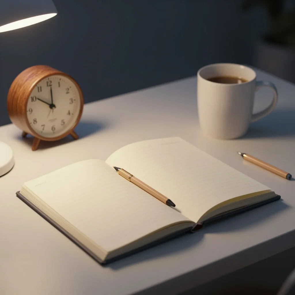 Agenda y taza en una mesa nocturna para practicar micro-planificación nocturna en 2 minutos