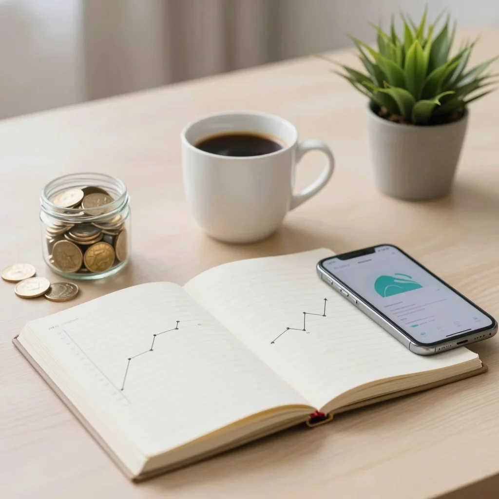 Microhábitos financieros diarios con frasco de monedas, café y libreta para ahorrar de forma constante
