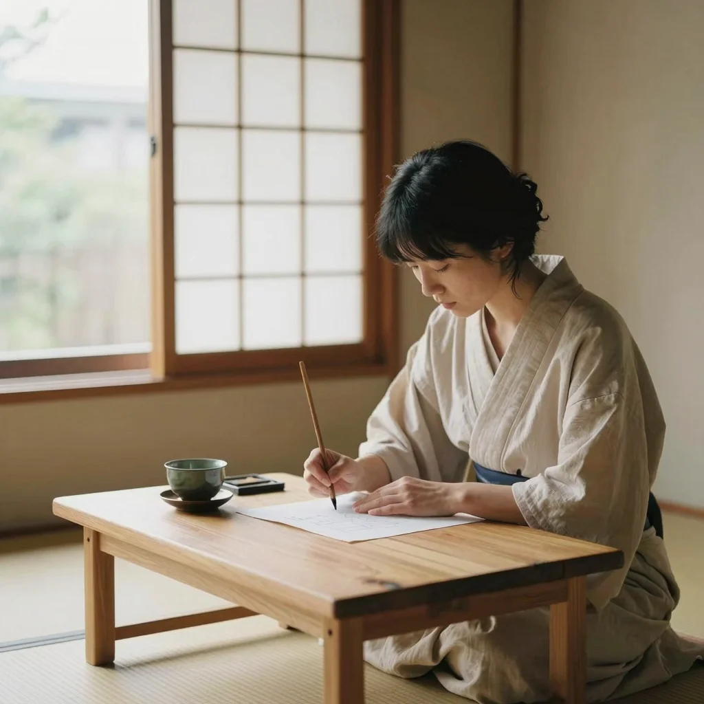 Persona practicando monotasking japonés en un entorno sereno y minimalista.