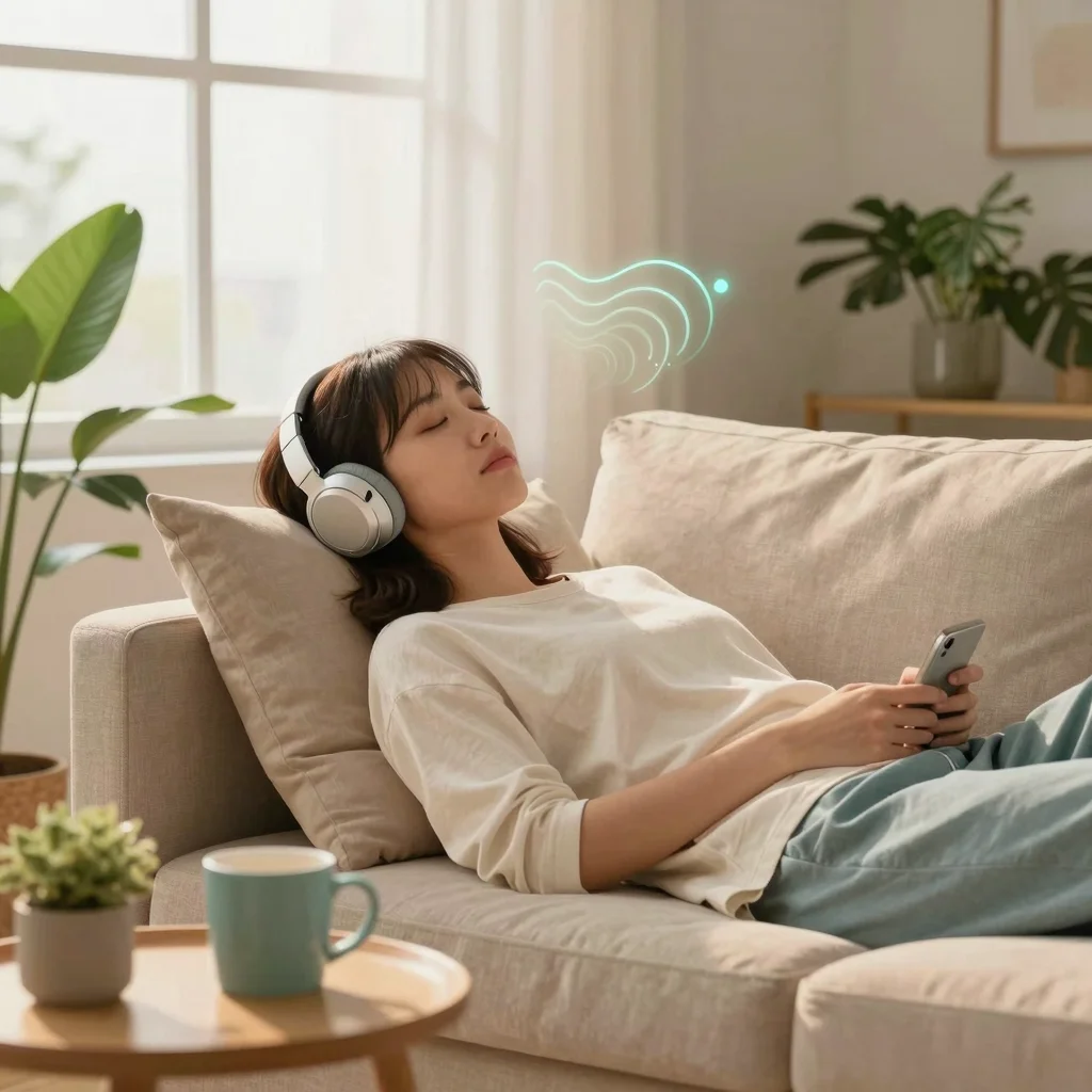 Persona con auriculares disfrutando música relajante para el estrés en un ambiente tranquilo y cálido.