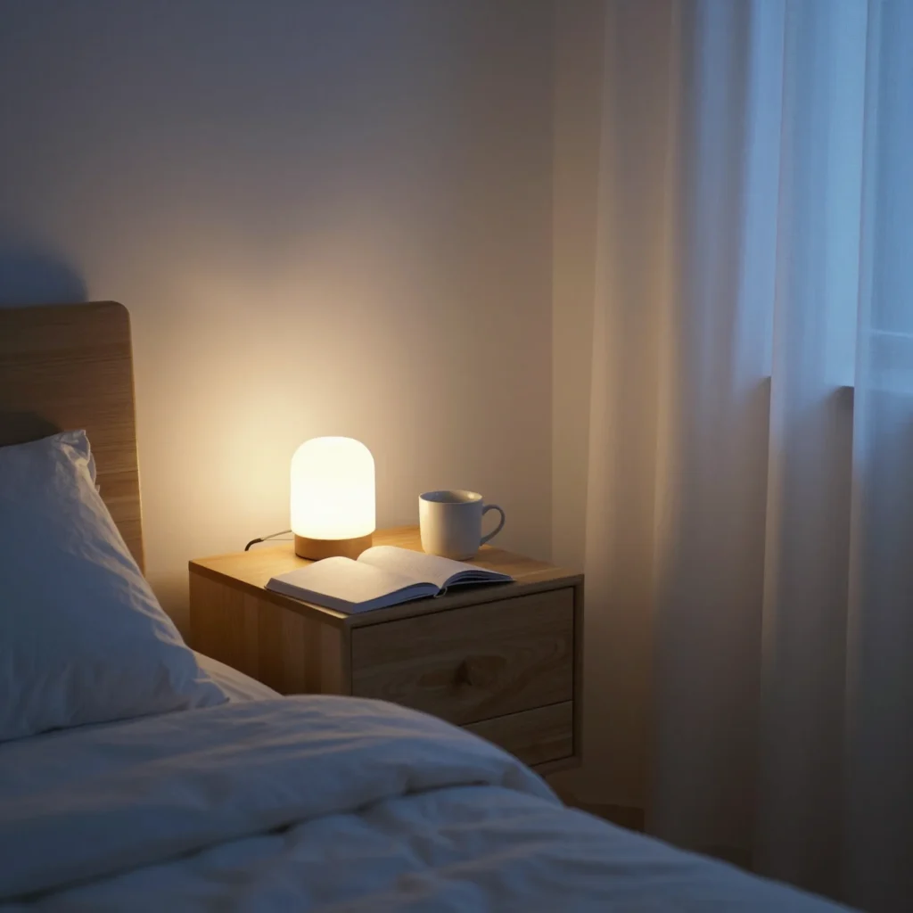 Dormitorio tranquilo preparado para la noche y el descanso con luz cálida y ambiente relajante.
