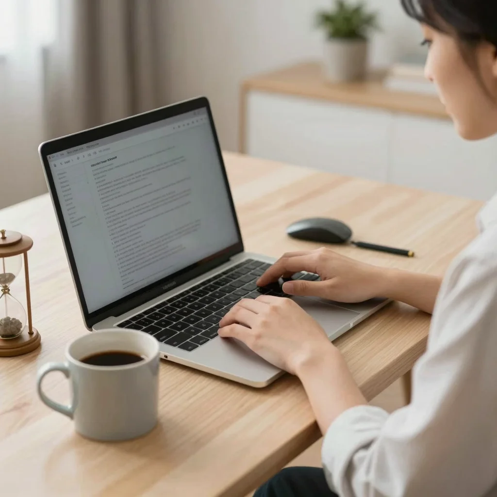 Persona haciendo una pausa de 5 segundos antes de responder correos en un escritorio tranquilo
