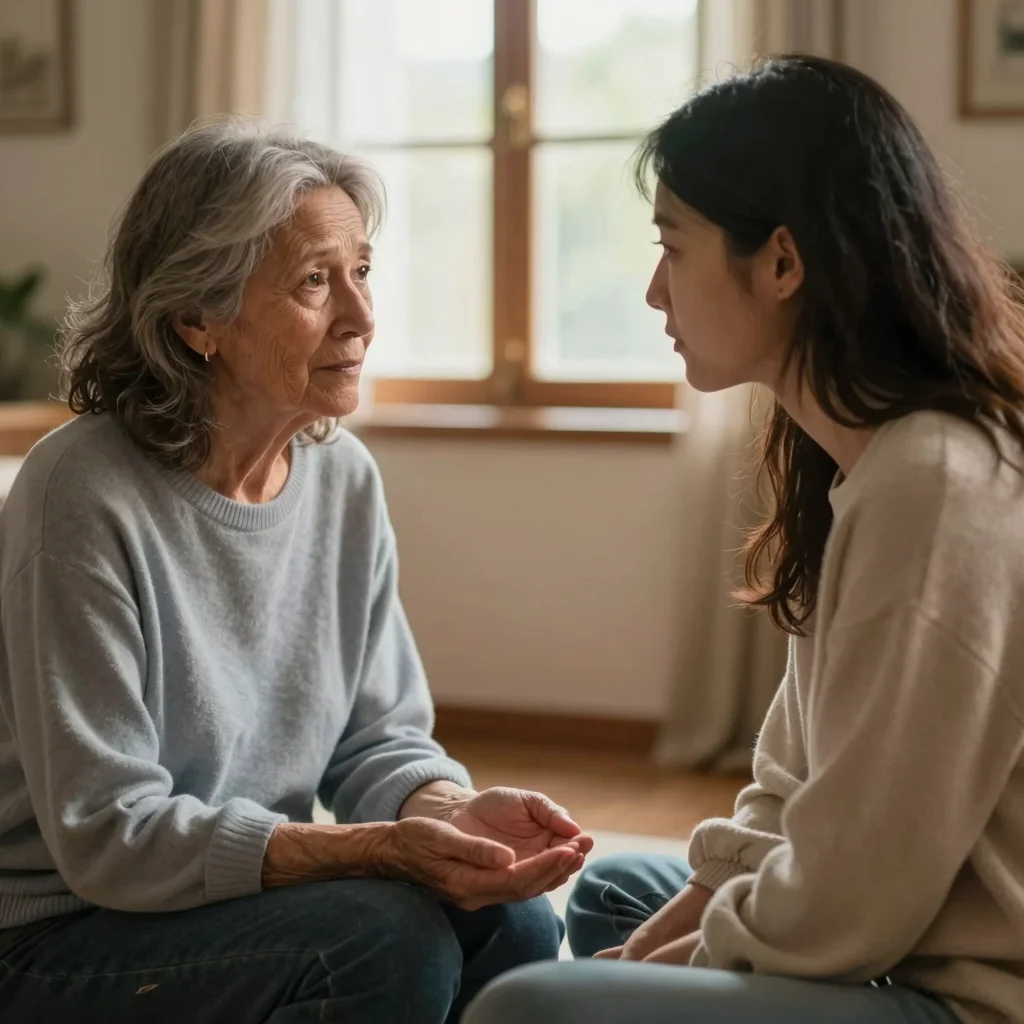 Dos personas conversan con empatía al pedir disculpas sinceramente en un ambiente tranquilo.