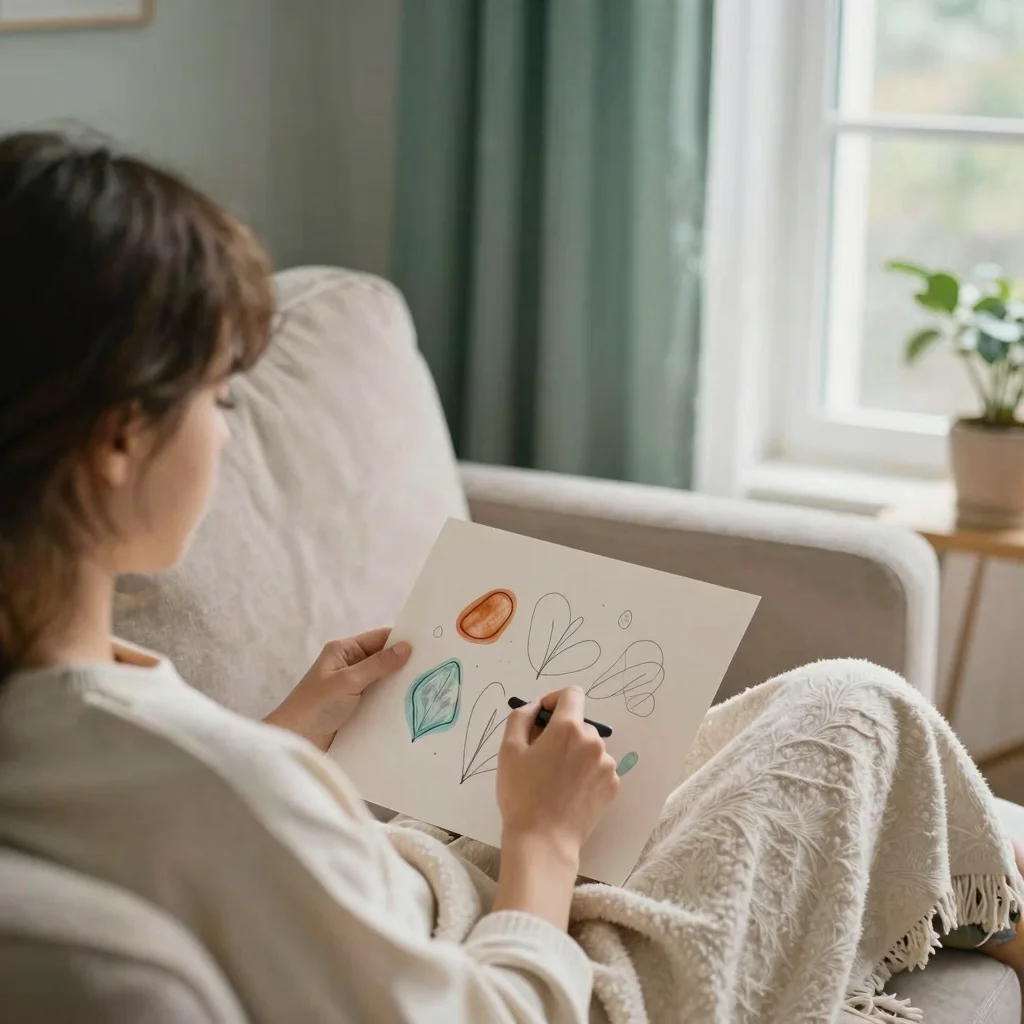 Persona relajada disfrutando pasatiempos no productivos para una recarga emocional en casa