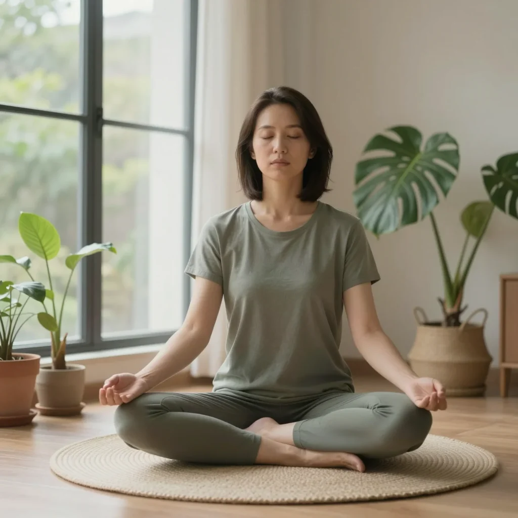 Persona practicando respirar para calmar la mente en un espacio sereno con luz suave