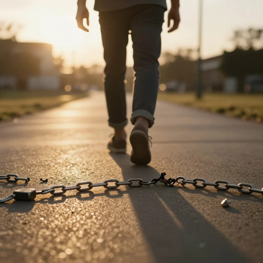 Persona dejando atrás cadenas rotas como símbolo de romper un mal hábito y avanzar hacia un cambio positivo.