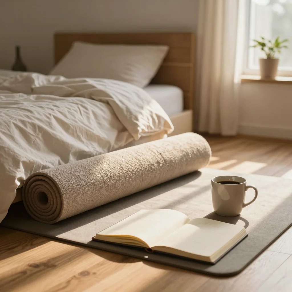 Persona organizando una rutina matinal efectiva con libreta, café y luz de amanecer.