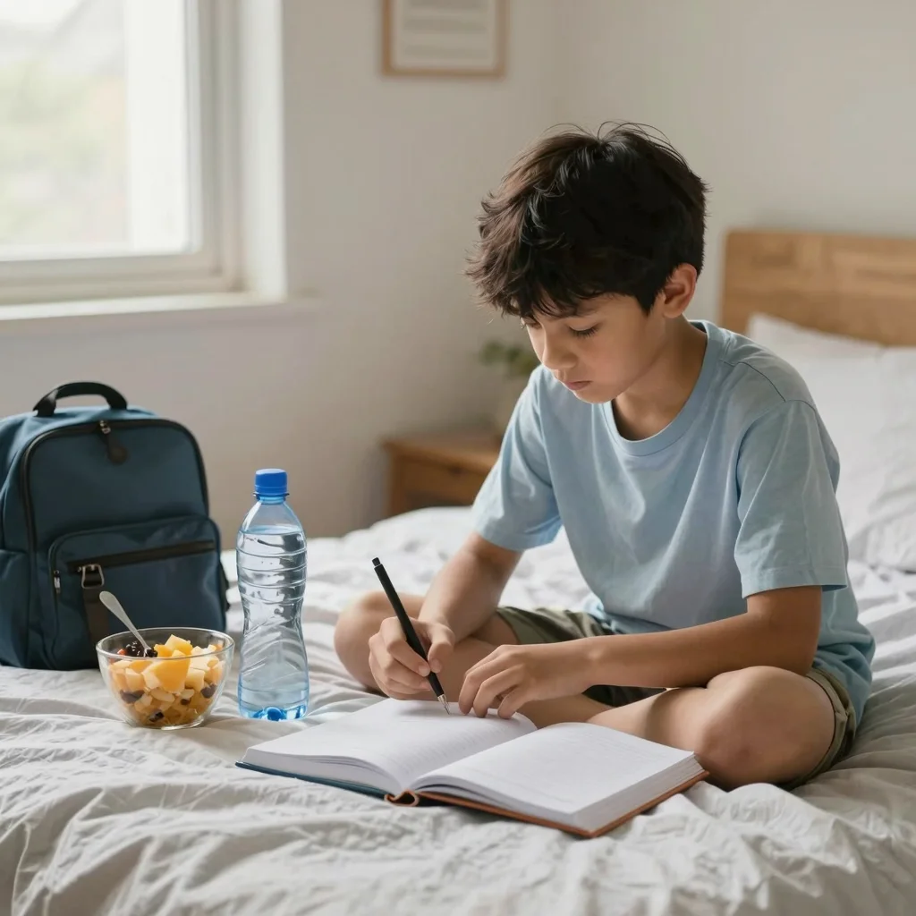 Estudiante organizando su rutina matutina para estudiantes con mochila, desayuno y cuaderno al amanecer
