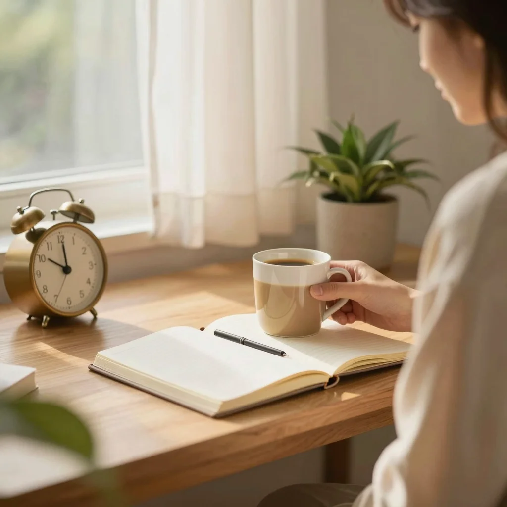 Persona iniciando una rutina matutina para el éxito con café, libreta y luz de amanecer.