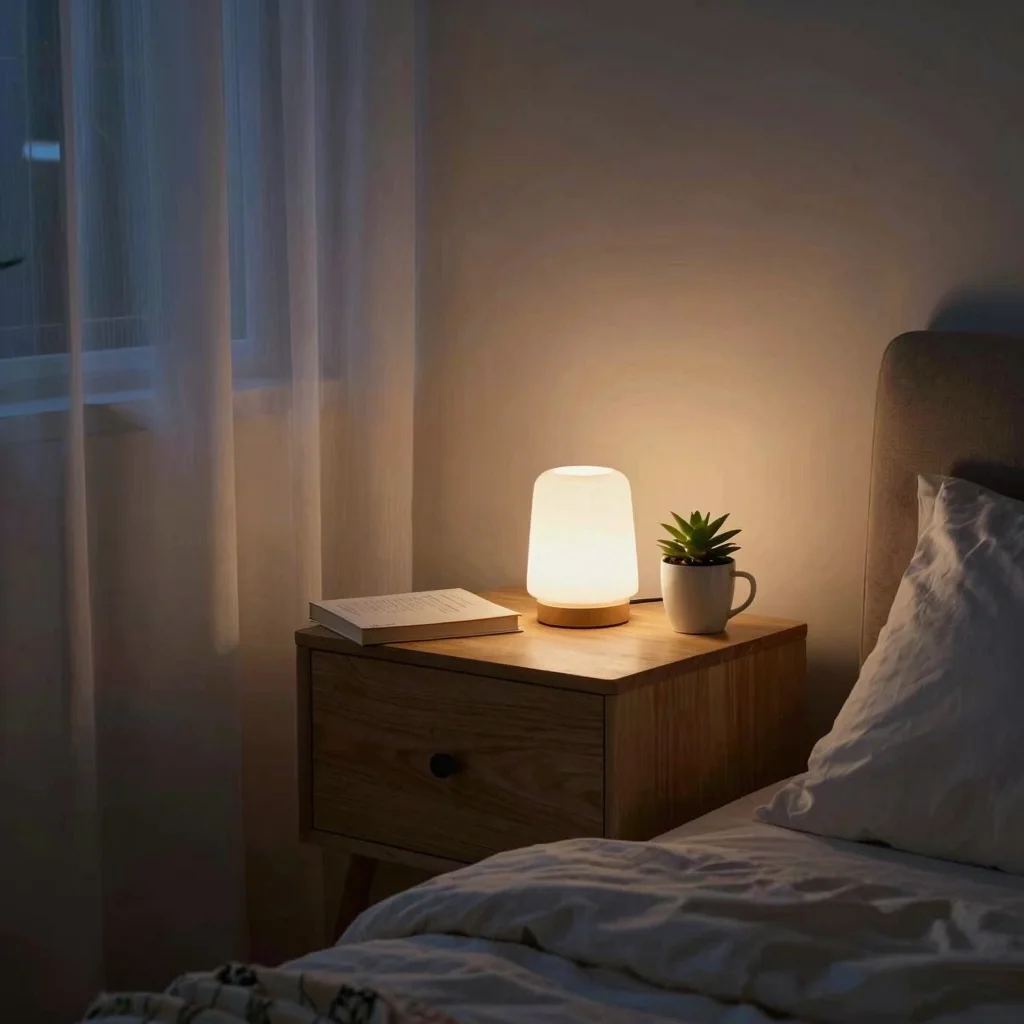Rutina nocturna para dormir mejor con luz cálida, cama ordenada, libro y taza de infusión