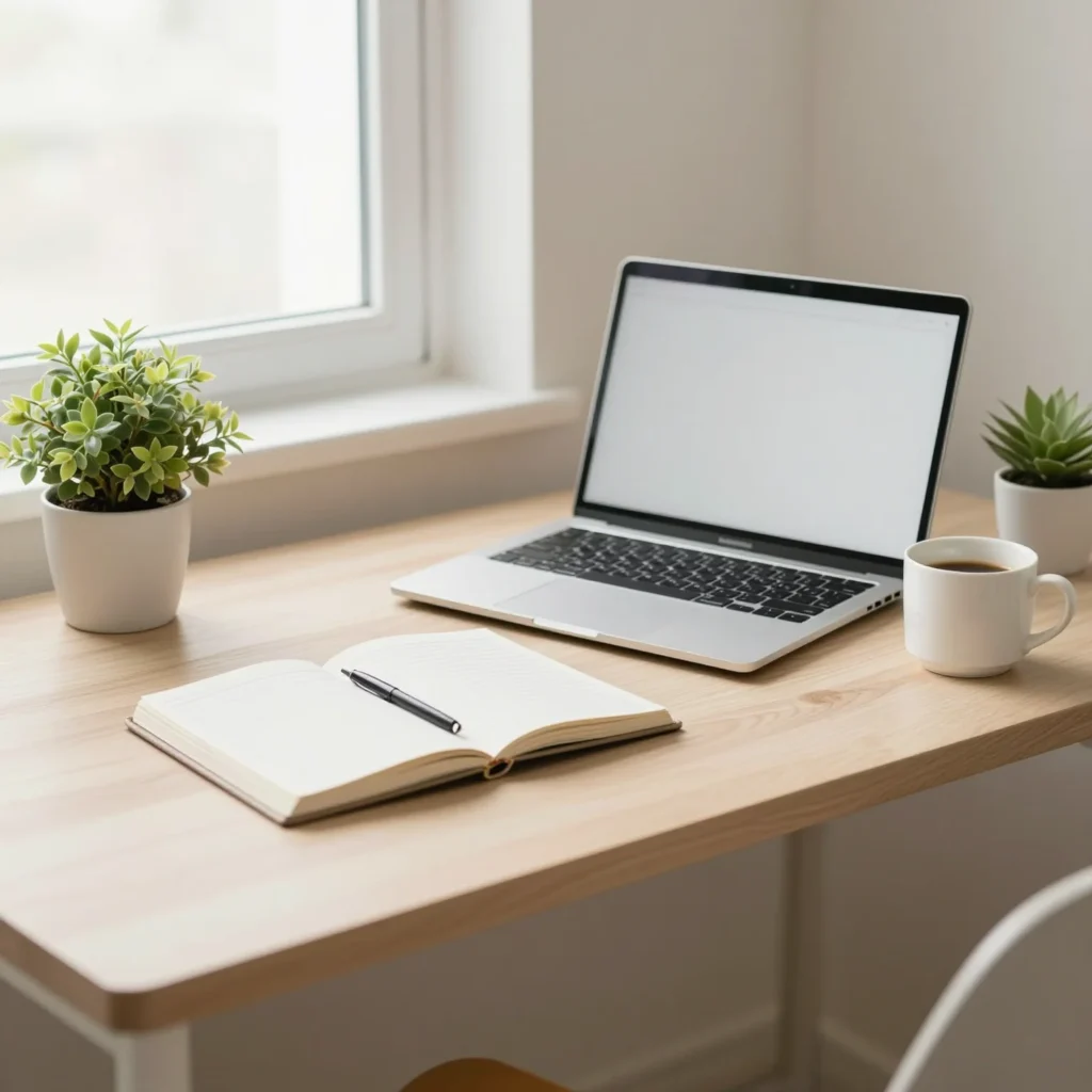 Escritorio ordenado con agenda, café y luz natural para una rutina simple que ayuda a sentirme productivo
