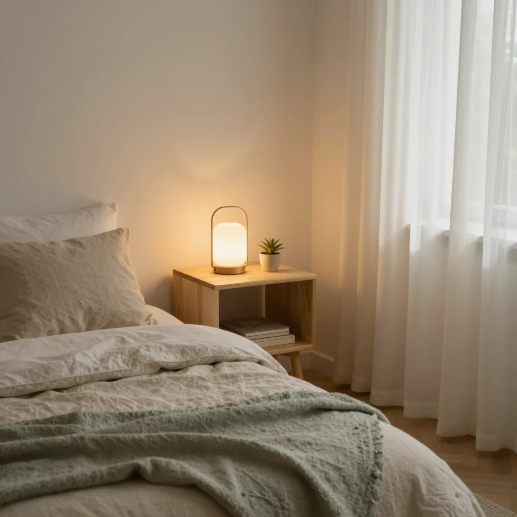 Dormitorio sereno con luz cálida y tonos suaves para crear un santuario de sueño en casa