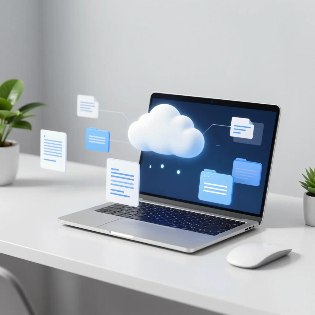 Sistema de archivo digital rápido con portátil, nube y documentos organizados automáticamente.